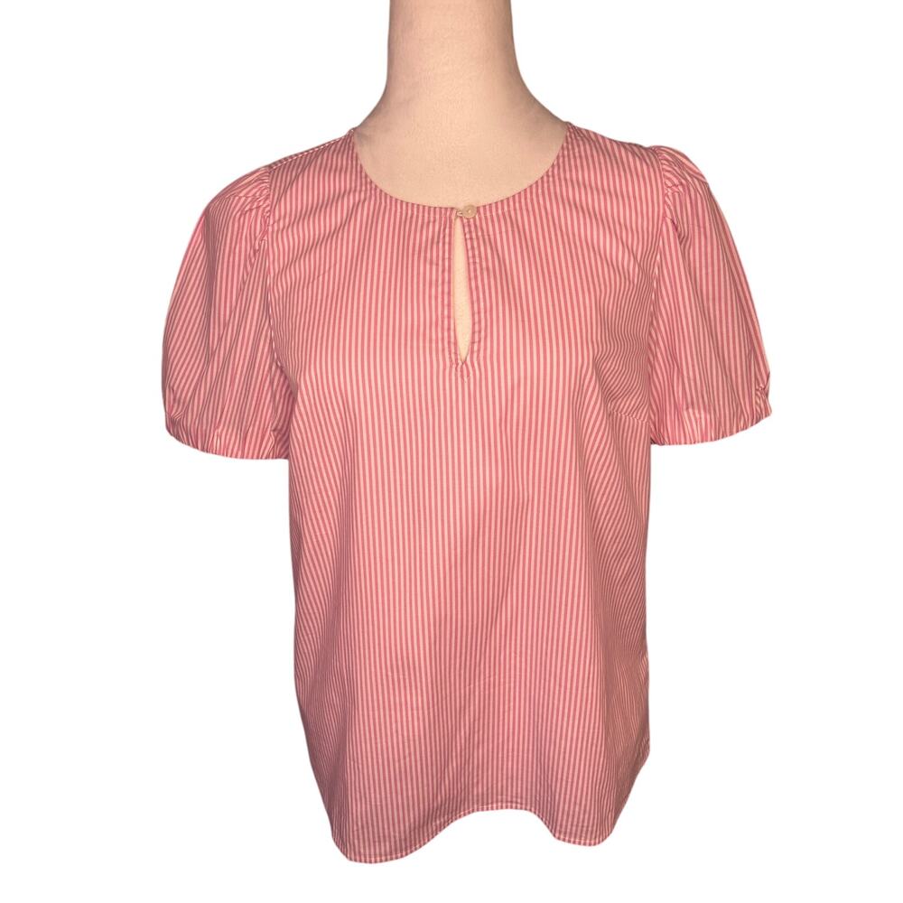 I. Crew Women’s Blouse Pink & White Striped Size Small Key Hole Puff Sleeve NWT